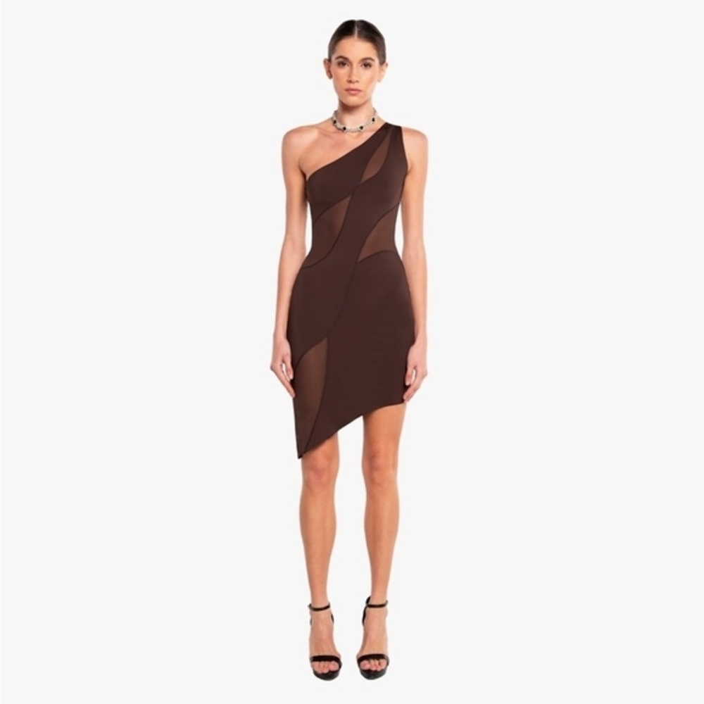 OW Collection CURVE Mini Dress Chic Asymmetrical Brown Dress Women - Small